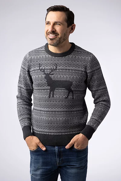 Mens Round Neck Fairisle Stag Merino Midweight Christmas Sweater