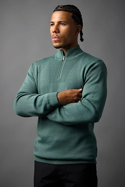 Mens Quarter Zip Textured Chest Rib Panel Showerproof Merino Lined Golf Sweater