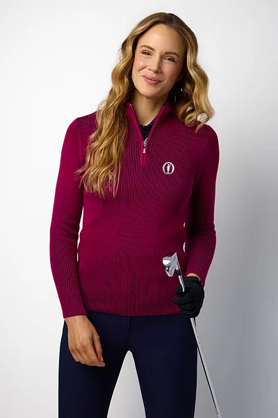 The Open Ladies Quarter Zip Two Tone Rib Cotton Lightweight Golf Sweater