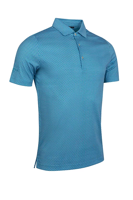 Mens Micro Tee Print Mercerised Cotton Golf Shirt White/Lagoon S