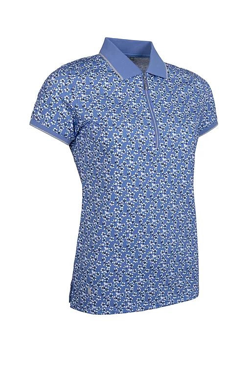 Ladies Quarter Zip Printed Patterned Performance Golf Polo Shirt Light Blue Flowers/Silver S