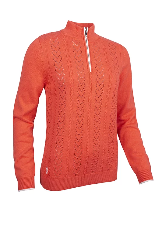 Ladies Quarter Zip Pointelle Heart Cable Touch of Cashmere Midweight Golf Sweater Sale Apricot/White S