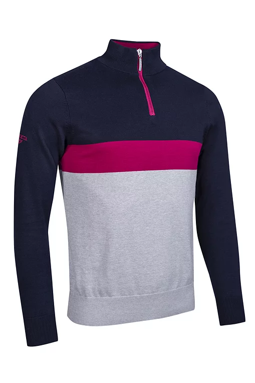 Mens Quarter Zip Colour Block Cotton Lightweight Golf Sweater Navy/Light Grey Marl/Raspberry M