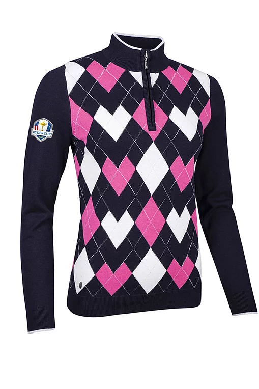 Official Ryder Cup 2027 Ladies Quarter Zip Diamond Heart Argyle Cotton Golf Sweater
