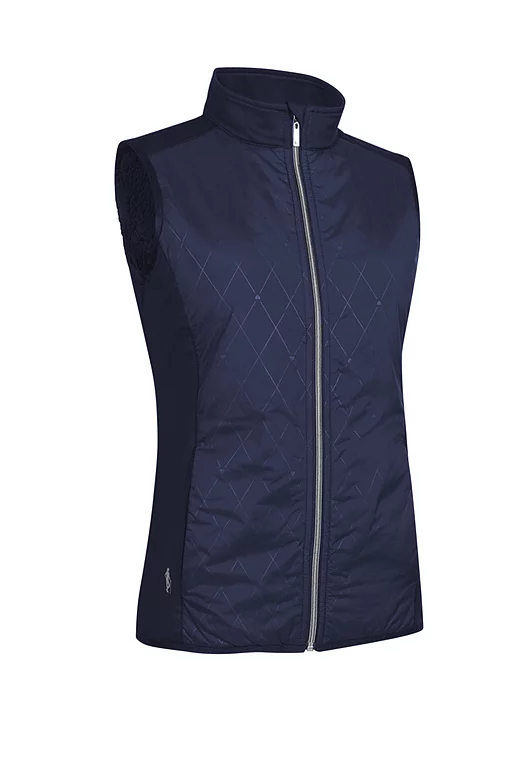 Ladies Full Zip Faux Fur Lined Padded Golf Gilet Navy Diamond Print/Silver S