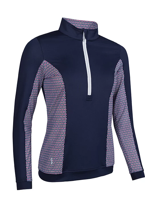 Ladies Quarter Zip Lightweight Shaped Panel Performance Golf Midlayer Navy/Raspberry Mosaic S