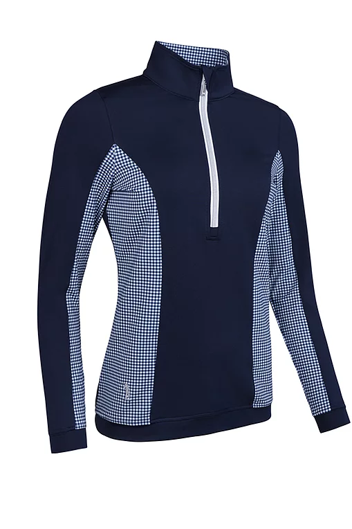 Ladies Quarter Zip Lightweight Shaped Panel Performance Golf Midlayer Navy/White Gingham S