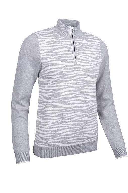 Ladies Quarter Zip Animal Pattern Touch of Cashmere Midweight Golf Sweater Sale Light Grey Marl/White S