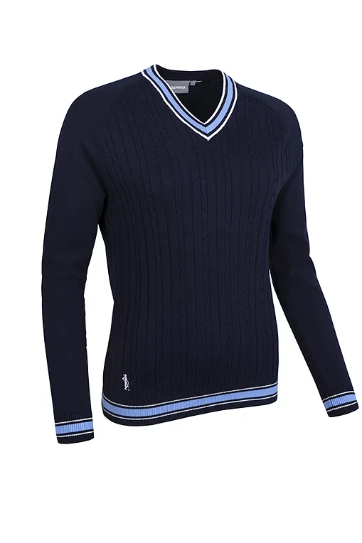 Ladies V Neck Raglan Cable Front Cotton Lightweight Golf Sweater Navy/Light Blue/White S