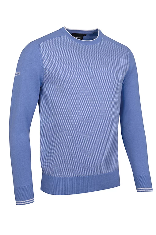 Mens Crew Neck Birdseye Front Cotton Lightweight Golf Sweater Light Blue/White L