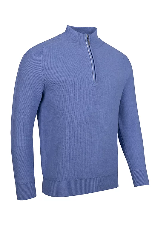 Mens Quarter Zip Textured Raglan Sleeve Touch of Cashmere Golf Sweater Light Blue/White S