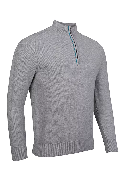 Mens Quarter Zip Textured Raglan Sleeve Touch of Cashmere Golf Sweater Light Grey Marl/Lagoon S