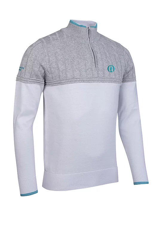 The Open Mens Quarter Zip Colour Block Cable Chest Cotton Lightweight Golf Pullover White/Light Grey Marl/Lagoon M
