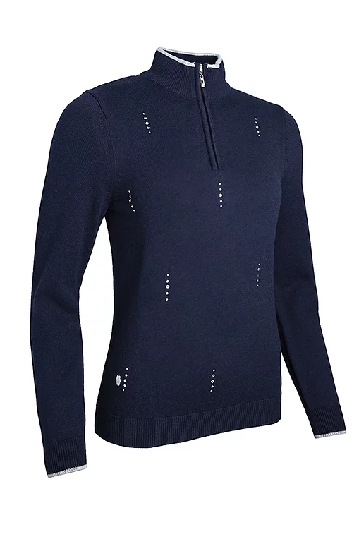 Ladies Quarter Zip Sparkle Droplet Touch of Cashmere Golf Sweater Navy/Silver L