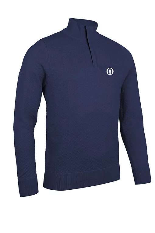 The Open Mens Quarter Zip Diamond Knit Cotton Lightweight Golf Sweater Navy Marl S