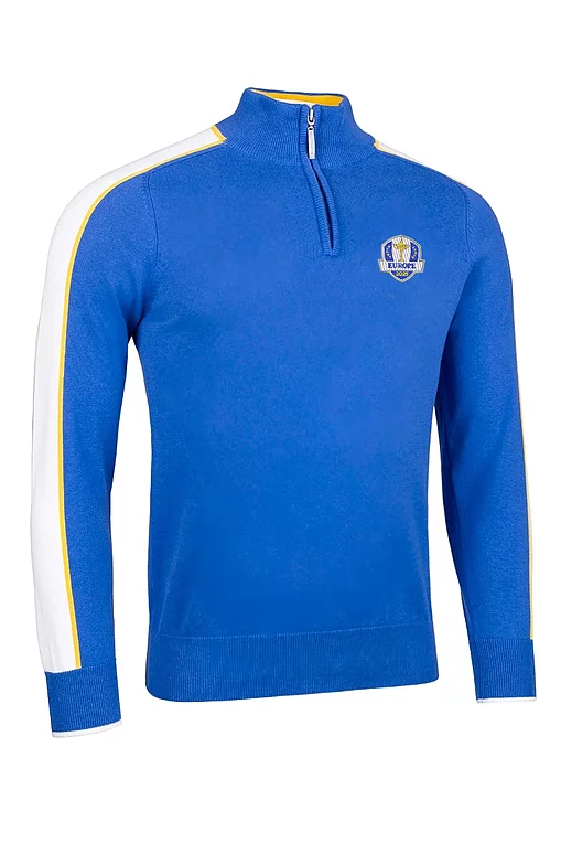 Official Ryder Cup 2025 Winners Mens Quarter Zip Colour Block Sleeve Stripe Cotton Lightweight Golf Sweater