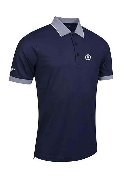 The Open Mens Micro Stripe Collar Cuff Performance Pique Golf Shirt