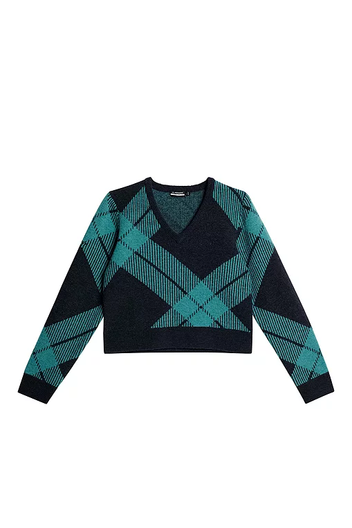 Ladies J Lindeberg x Glenmuir V All Over Tartan Sweater Sale