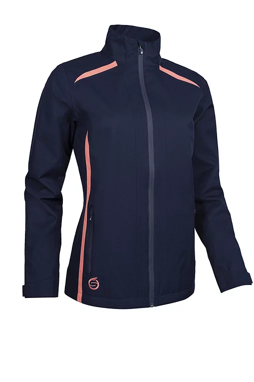 Ladies Zip Front Panelled Waterproof Golf Jacket Navy/Coral S
