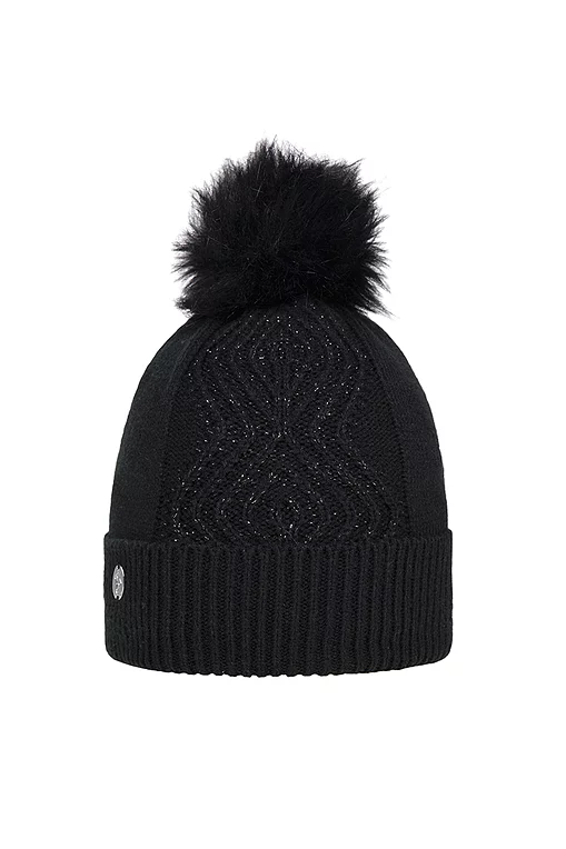 Ladies Faux Fur Cable Lurex Golf Bobble Hat Black One Size