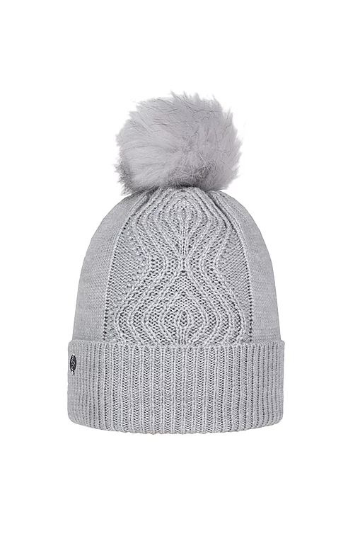 Ladies Faux Fur Cable Lurex Golf Bobble Hat Light Grey Marl One Size