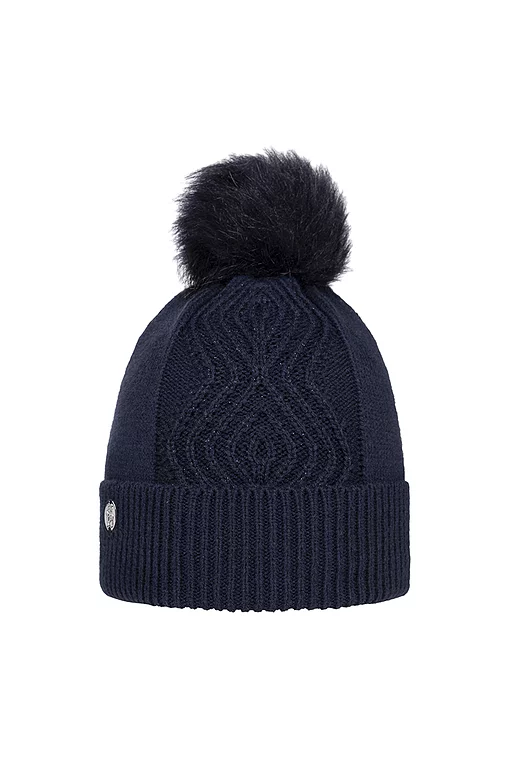 Ladies Faux Fur Cable Lurex Golf Bobble Hat Navy One Size