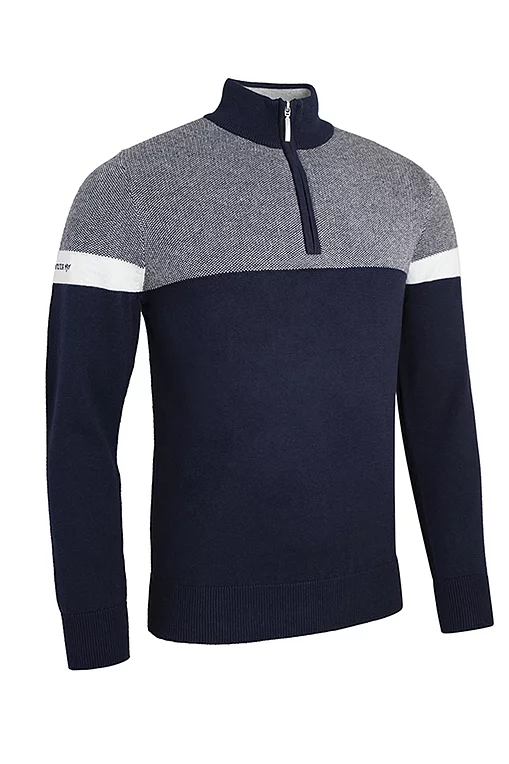 Mens Quarter Zip Birdseye Chest Sleeve Touch of Cashmere Golf Sweater Navy/Light Grey Marl/White S