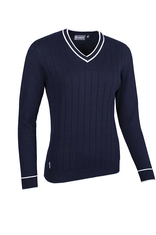 Ladies V Neck Vertical Stitch Contrast Tipping Cotton Lightweight Golf Sweater Navy/White S
