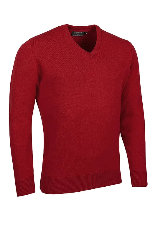 Mens V Neck Lambswool Midweight Golf Sweater Garnet M
