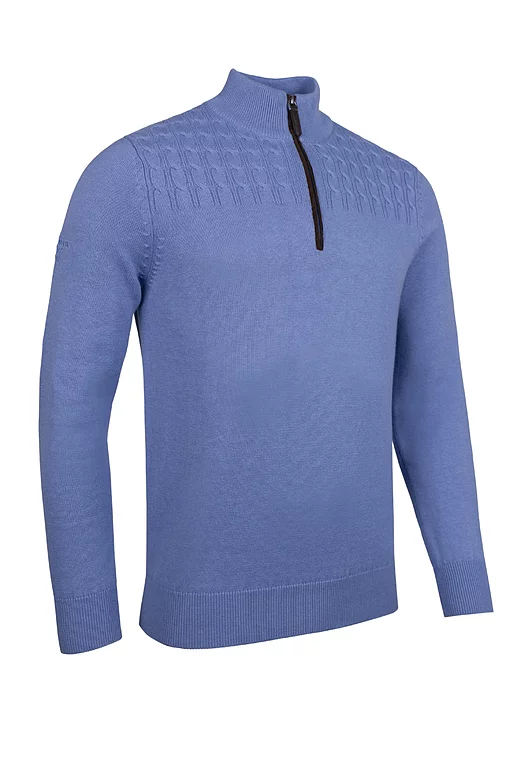 Mens Quarter Zip Cable Shoulder Touch of Cashmere Golf Sweater Light Blue S