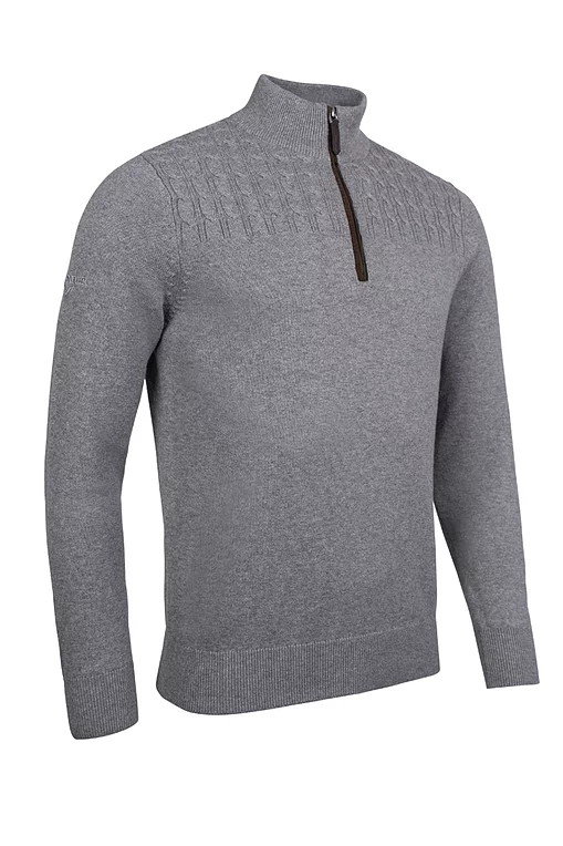 Mens Quarter Zip Cable Shoulder Touch of Cashmere Golf Sweater Mid Grey Marl S