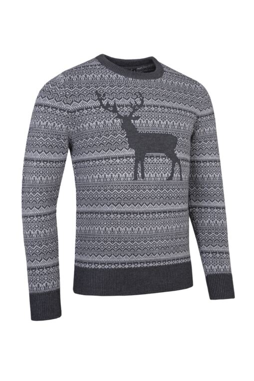 Mens Round Neck Fairisle Stag Merino Blend Christmas Sweater