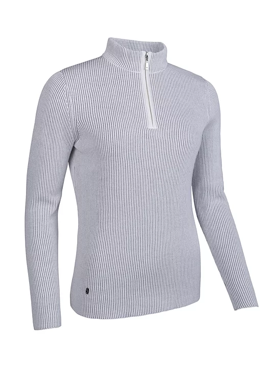 Ladies Quarter Zip Two Tone Rib Cotton Lightweight Golf Sweater White/Light Grey Marl M