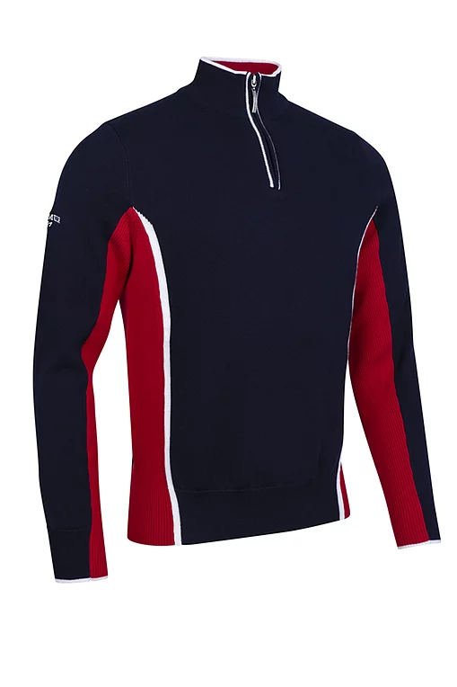 Mens Quarter Zip Side Rib Panel Cotton Lightweight Golf Sweater Navy/Garnet/White M