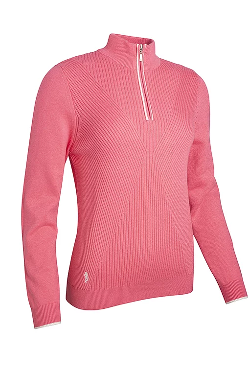 Ladies Quarter Zip Diamond Rib Touch of Cashmere Golf Sweater Sorbet/White M