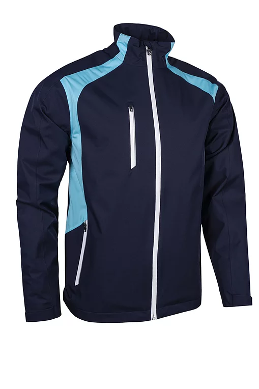 Mens Zip Front Stretch Back Panelled Waterproof Golf Jacket Navy/Aqua/White S