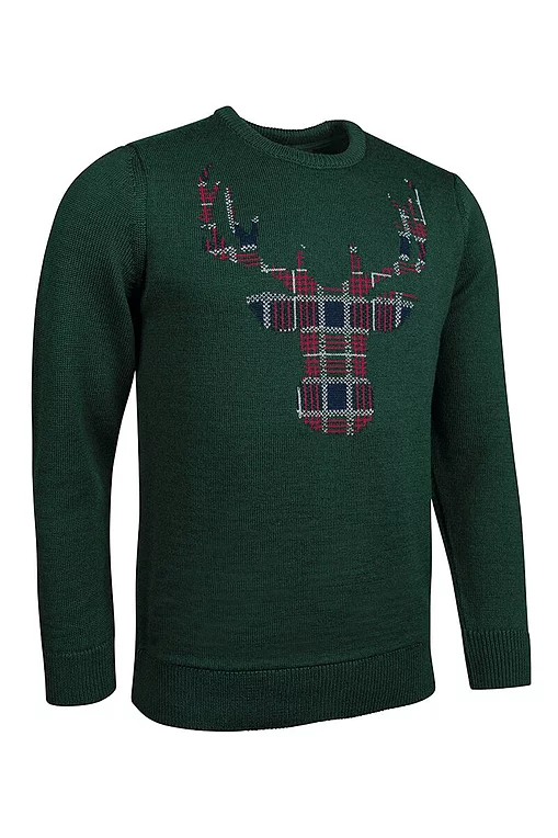 Mens Round Neck Tartan Stag Merino Blend Christmas Sweater Sale Mens Round Neck Tartan Stag Merino Blend Christmas Sweater Sale