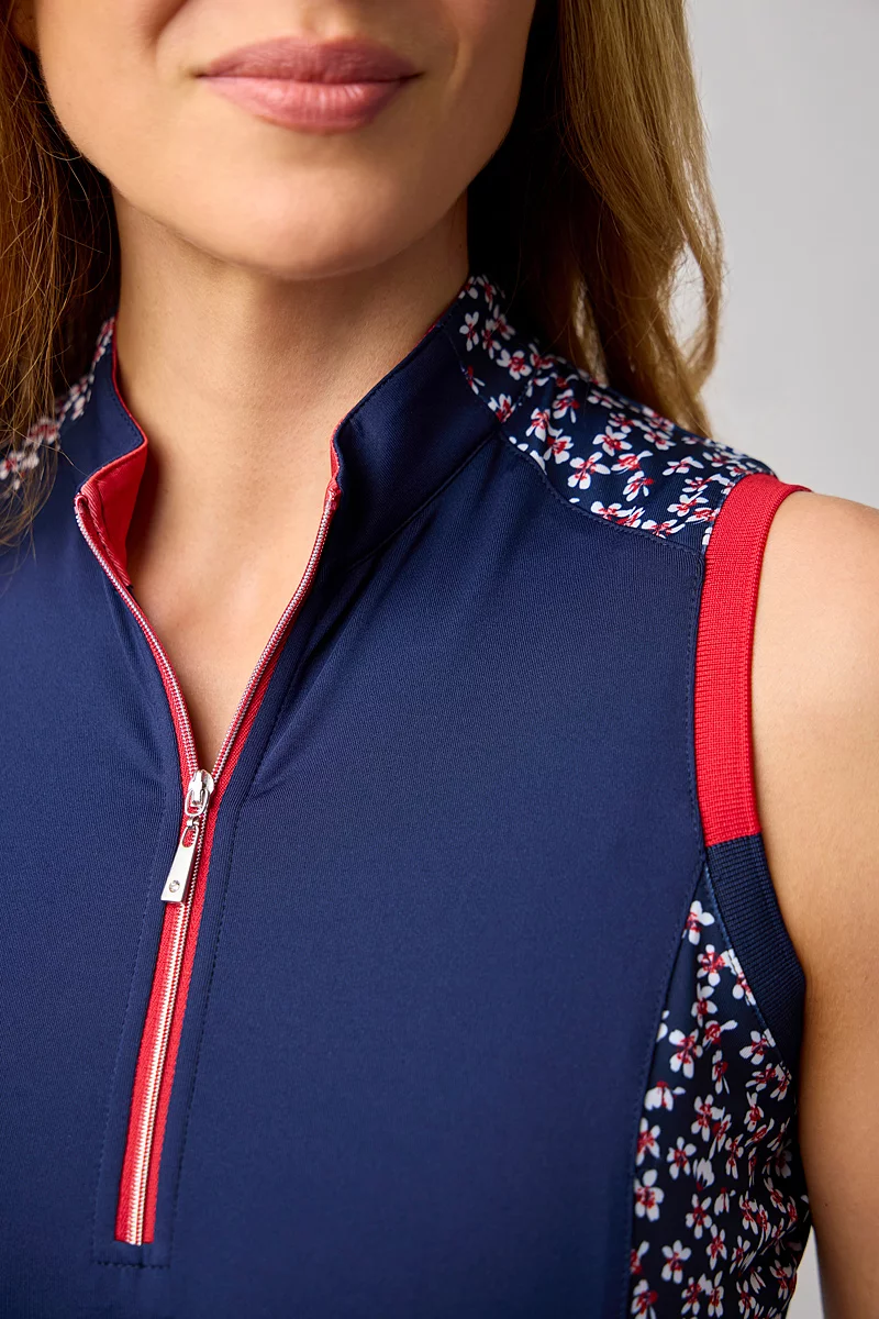 Ladies Printed Panel Zip Sleeveless Performance Golf Shirt Ladies Printed Panel Zip Sleeveless Performance Golf Shirt
