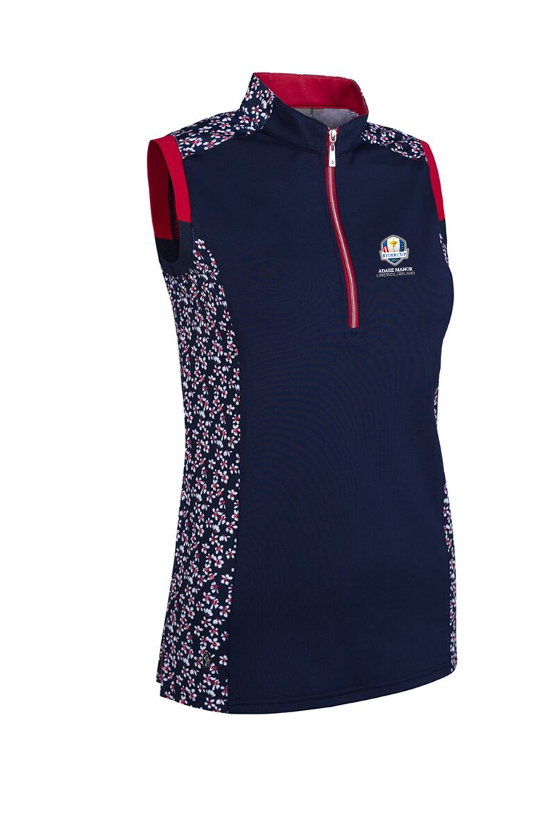 Official Ryder Cup 2027 Ladies Printed Panel Zip Sleeveless Performance Golf Shirt