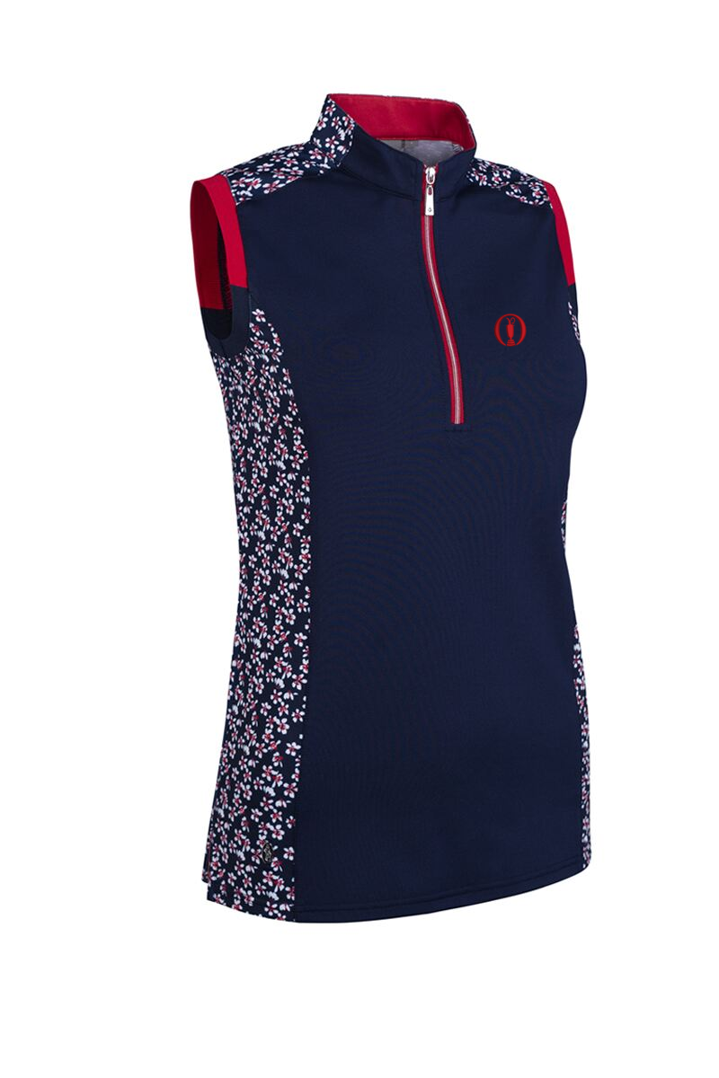 The Open Ladies Printed Panel Zip Sleeveless Performance Golf Shirt