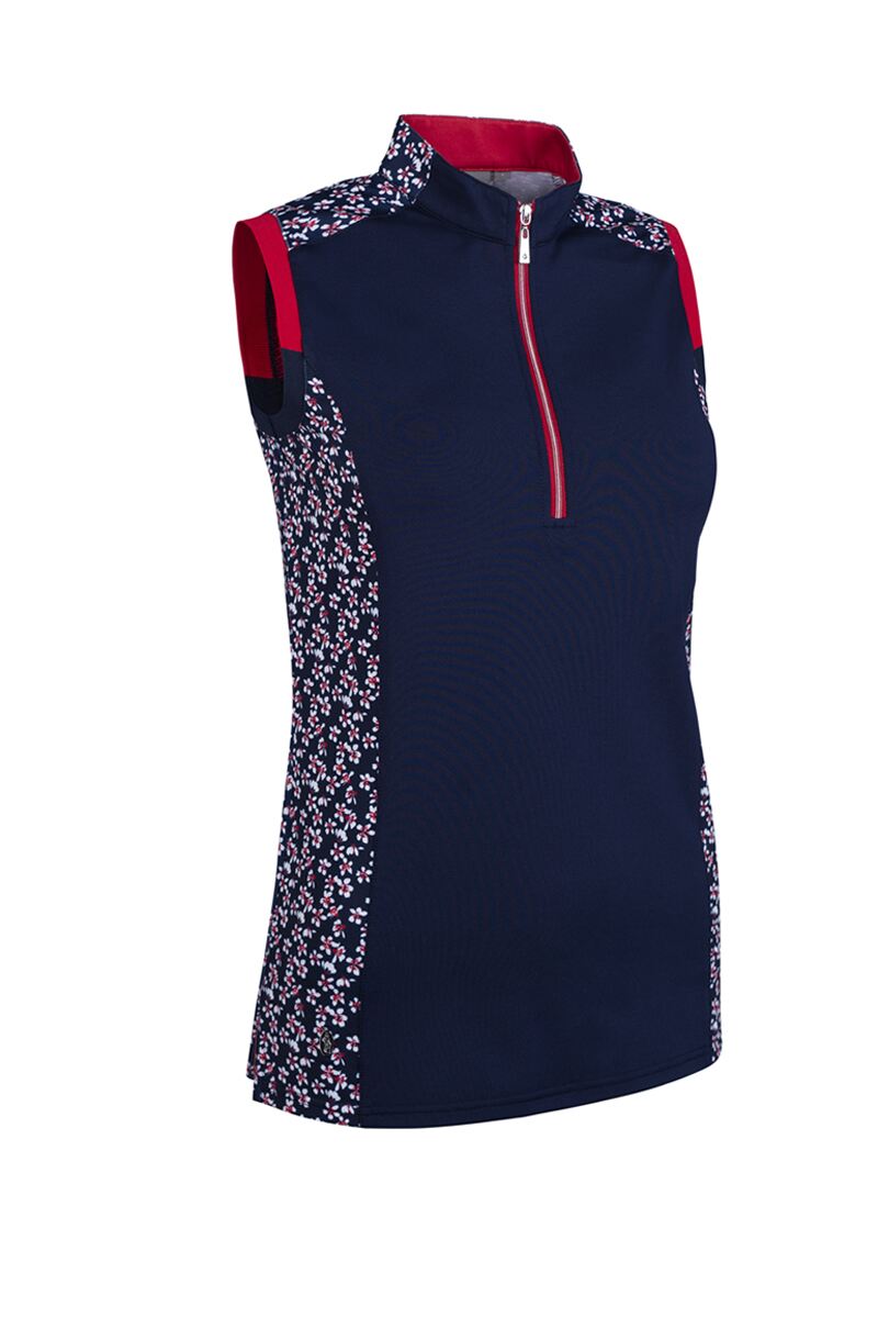 Ladies Printed Panel Zip Sleeveless Performance Golf Shirt