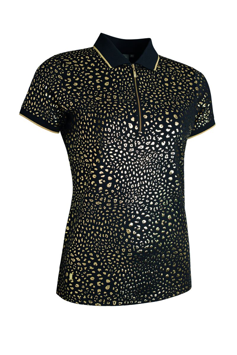 Ladies Quarter Zip Print Performance Golf Polo Shirt Sale Black/Gold S