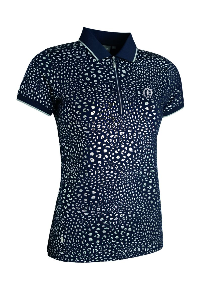 The Open Ladies Quarter Zip Print Patterned Performance Golf Polo Shirt Navy/Silver L