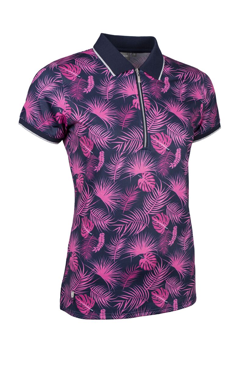 Ladies Quarter Zip Printed Patterned Performance Golf Polo Shirt Navy/Hot Pink Tropical Print S