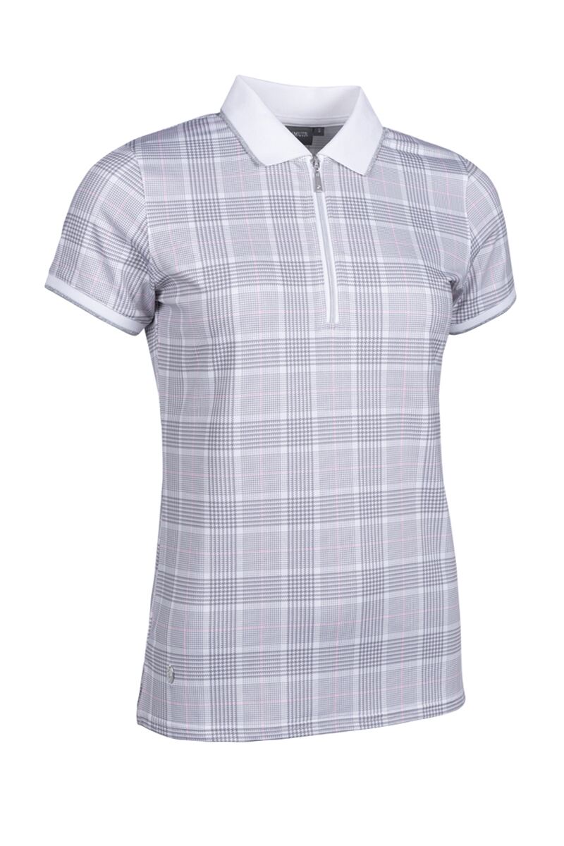 Ladies Quarter Zip Print Performance Golf Polo Shirt Sale White/Light Grey/Candy Check S