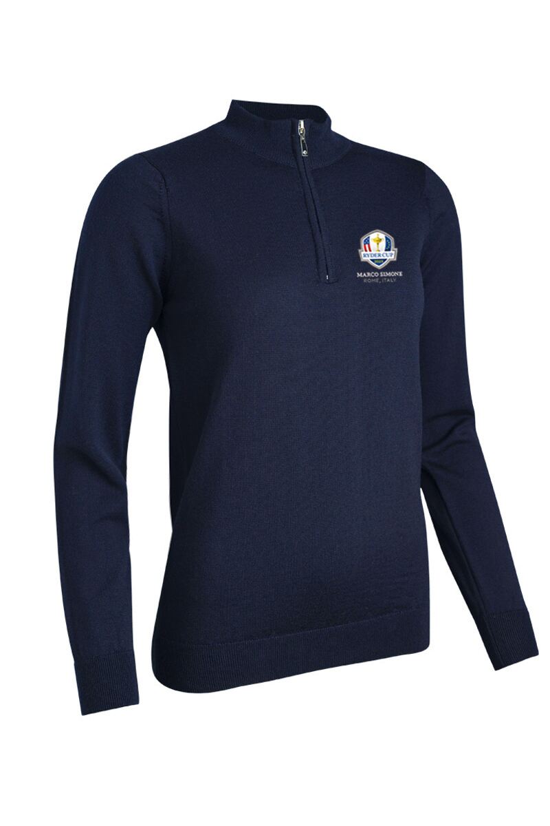 Official Ryder Cup 2025 Ladies Quarter Zip Merino Wool Golf Sweater Navy XL