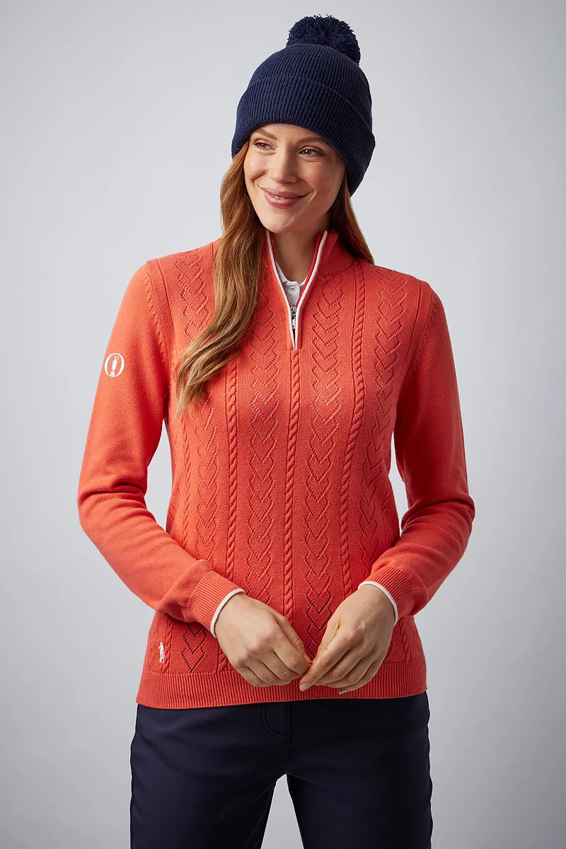 The Open Ladies Quarter Zip Pointelle Heart Cable Touch of Cashmere Midweight Golf Sweater The Open Ladies Quarter Zip Pointelle Heart Cable Touch of Cashmere Midweight Golf Sweater