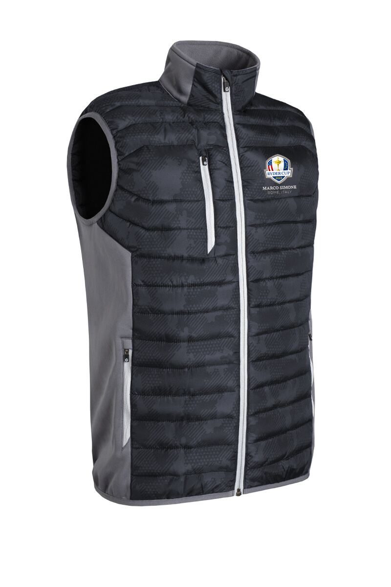 Official Ryder Cup 2025 Mens Zip Front Padded Stretch Panel Performance Golf Gilet Black Camo/Gunmetal/Silver M