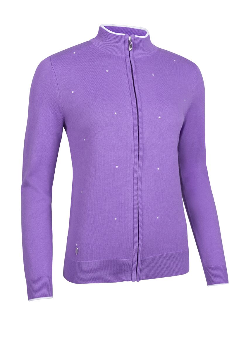 Ladies Full Zip Embroidered Star Cotton Golf Sweater Sale Amethyst/White M