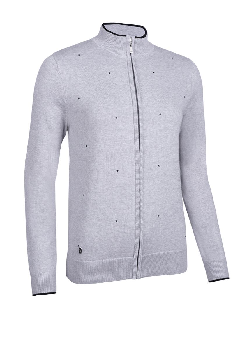 Ladies Full Zip Embroidered Star Cotton Golf Sweater Sale Light Grey Marl/Black S
